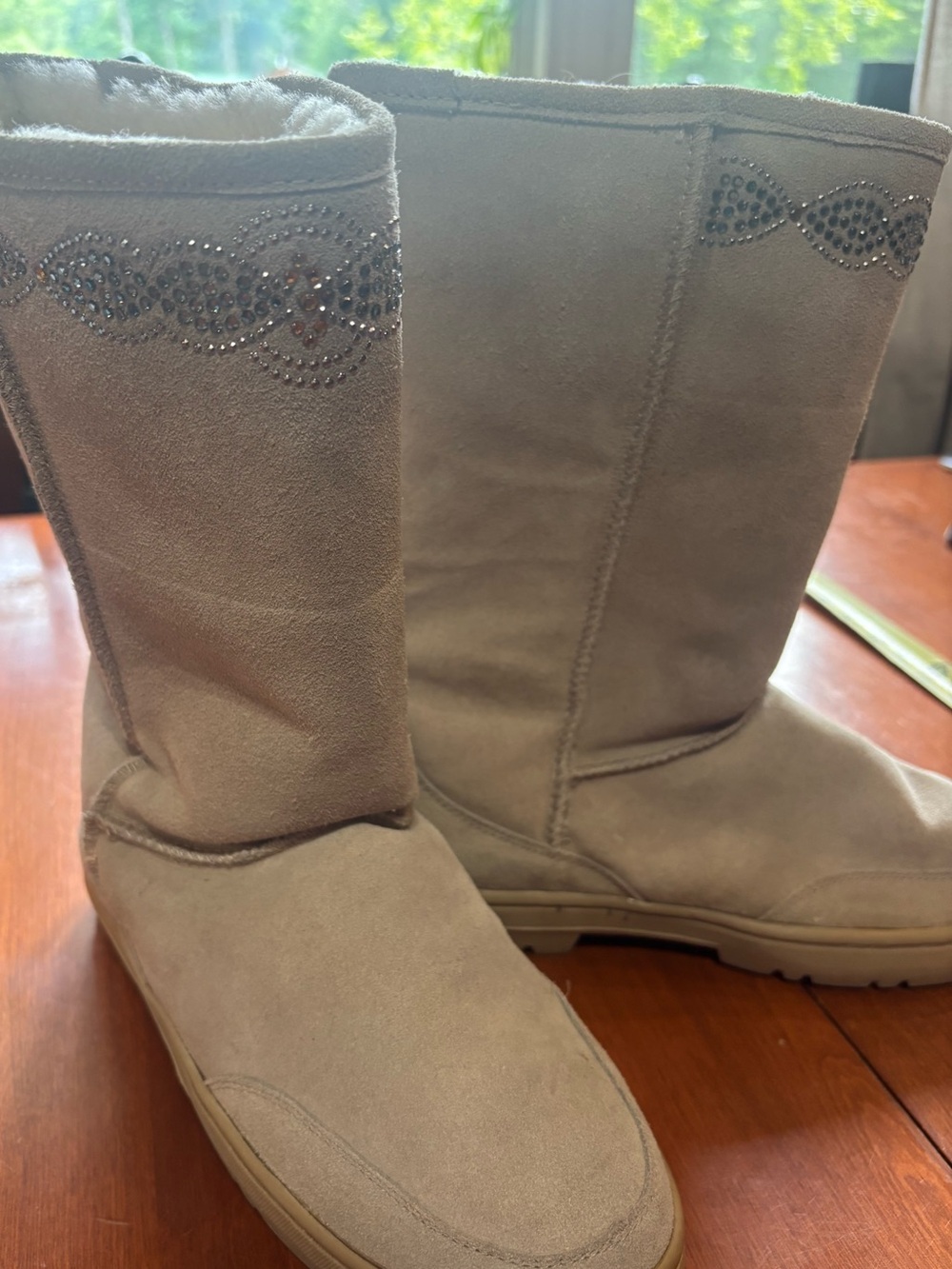 Women's Beige Suede Winter Boots with Crystal Trim
